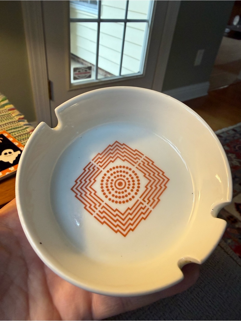 Hotel Borobudur - Jakarta White Ceramic Ashtray with Orange Geometric Motif